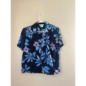Vintage Briggs Petite‎ Floral Button Down Shirt Blue Purple Women's L Retro